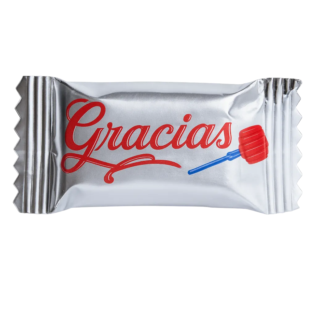 Dulce Publicitario empaque Flow Wrap metalizado personalizado con frase 